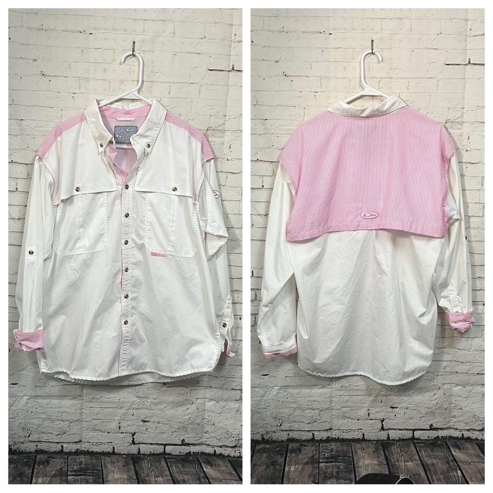 Lady Drake Waterfowl Size Medium Pink Seersucker Long Sleeve Fishing Shirt Women